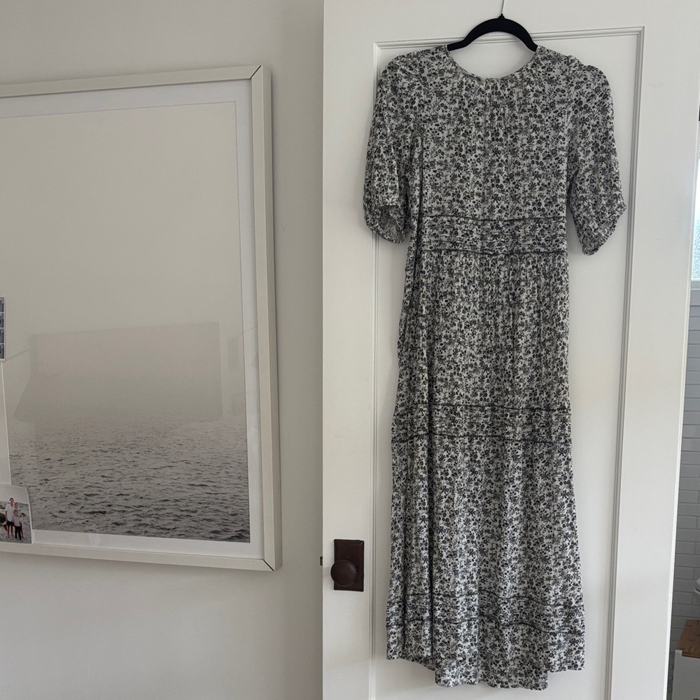 THE GREAT. Black and White Floral Long Sleeve Dress